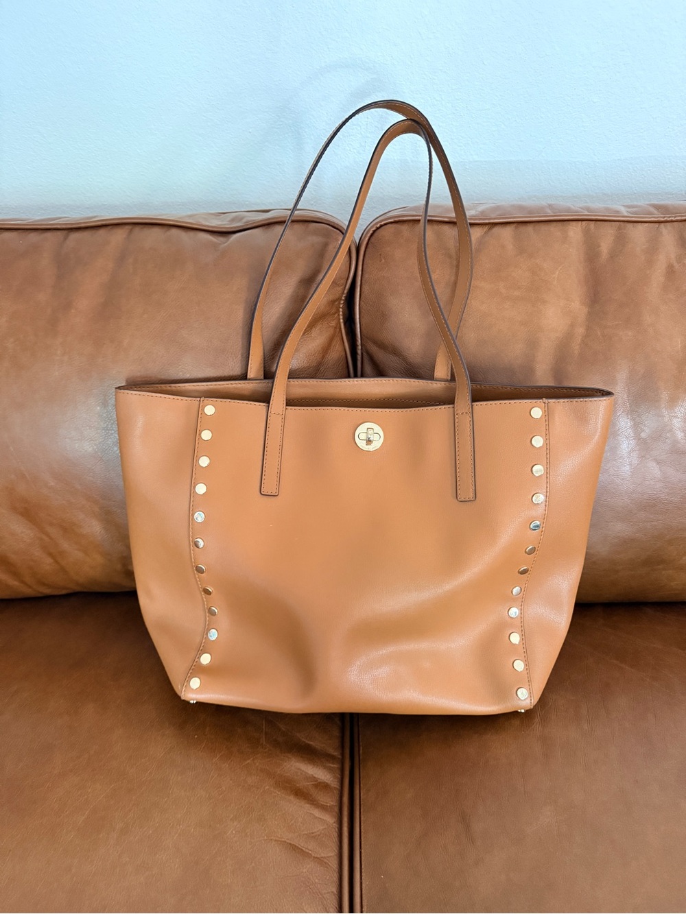 Michael Kors Rivington Gold Studded Cognac Leather Tote - Picture 6 of 14